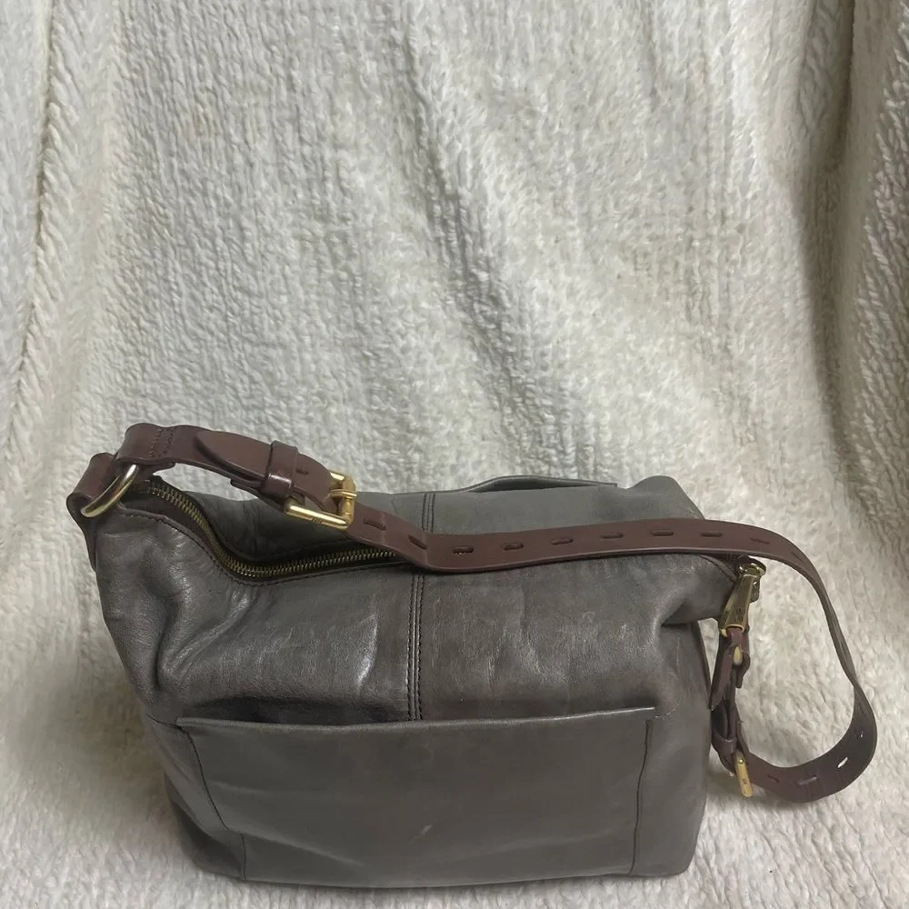 Hobo Leather Grayish green , Brown and Shoulder Bag with gold tone hardwares.
